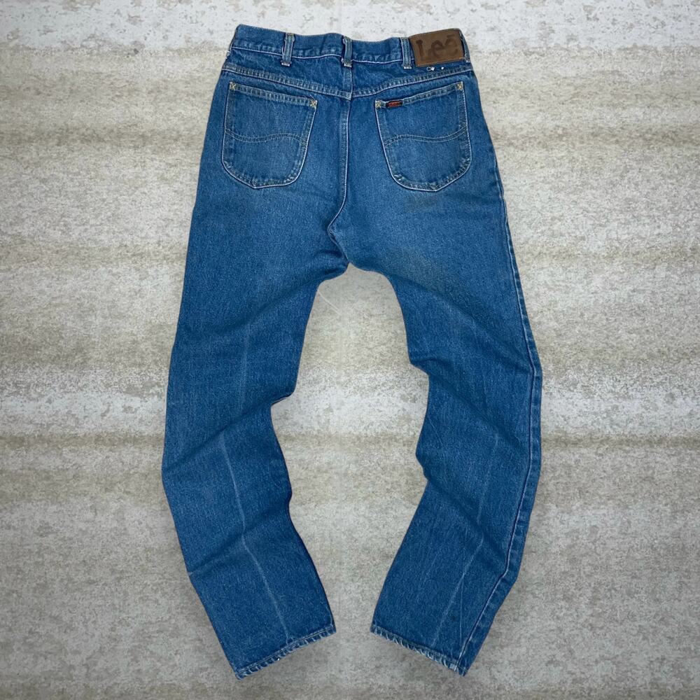 Vintage 90s Lee Jeans 33x34 Slim Fit Dark Wash Denim Orange Tab Made in USA
